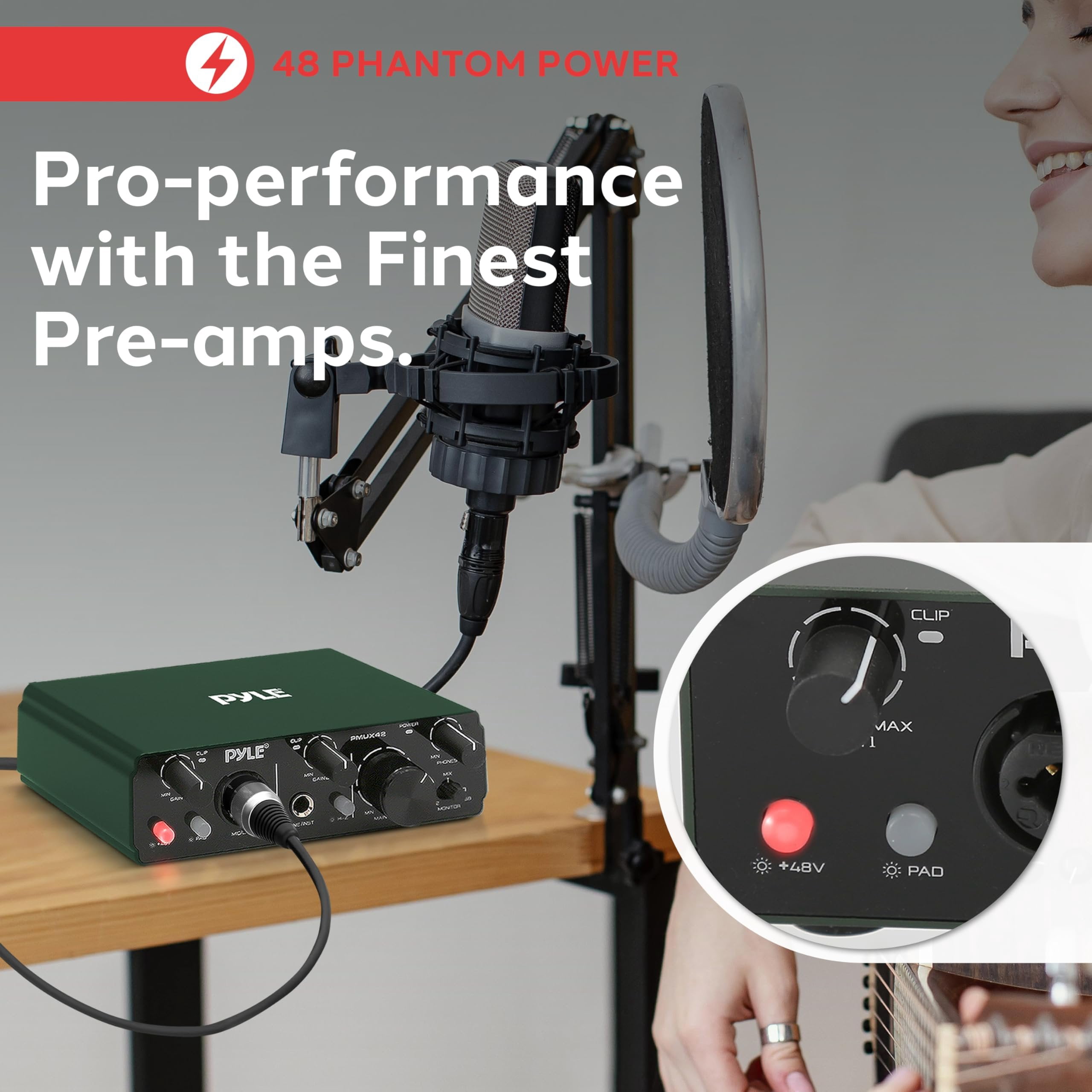Pyle USB Audio Interface for Recording, Streaming & Podcasting – 2 Inputs 2 Outputs, 48V Phantom Power, 24bit/192kHz ASIO, Studio-Quality Sound, Rugged Metal Chassis - Compatible with Windows/Mac