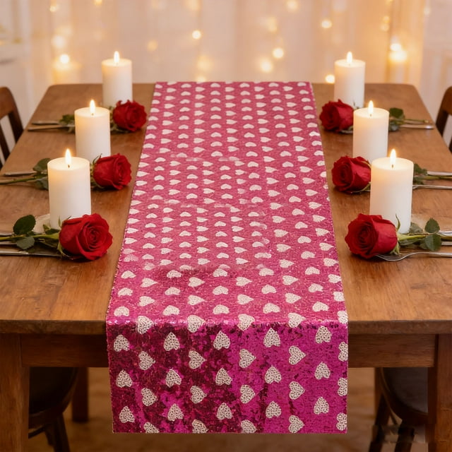 Camino de mesa de malla con lentejuelas en forma de corazón para el Día de San Valentín, cumpleaños y bodas | Decoración brillante para mesas y fiestas en el hogar