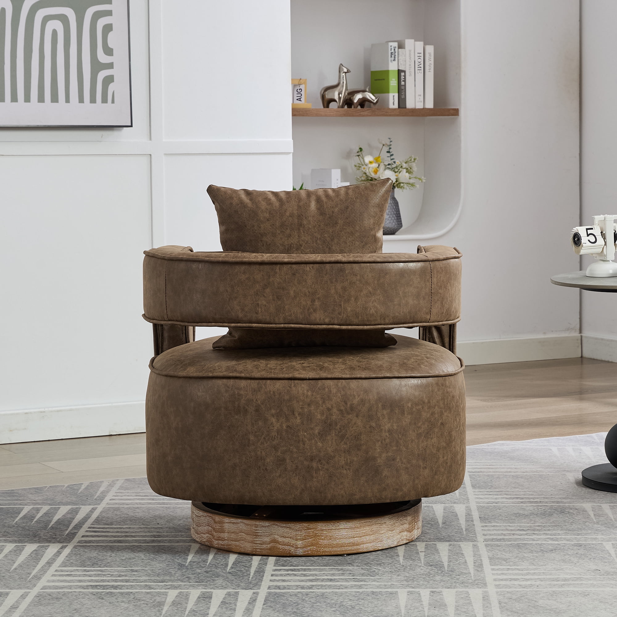 Leumius Swivel Accent Chair with Open Back,Modern Single Sofa Chair With Weathered Base for Nursery Bedroom Living Room Hotel Office, Club Chair Leisure Arm Chair for Lounge,Coffee PU