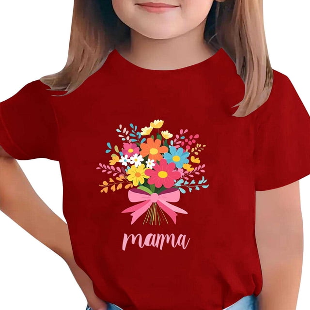 Zpanxa T-Shirts pour Tout-Petites Fille Imprimé Fête des Mères Col Rond Manches Courtes Haut Polyester Spandex 7-8 Ans
