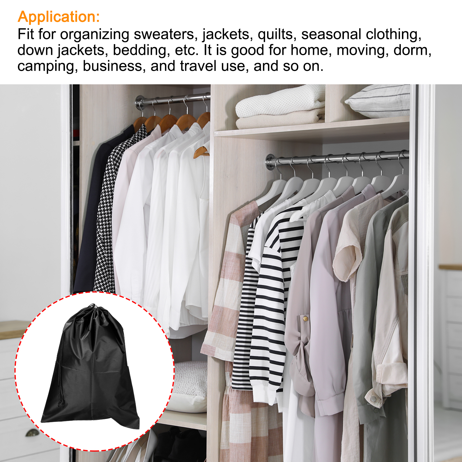 Unique Bargains Clothes Storage Drawstring Bag for Travel and Home Use Black 23.6"