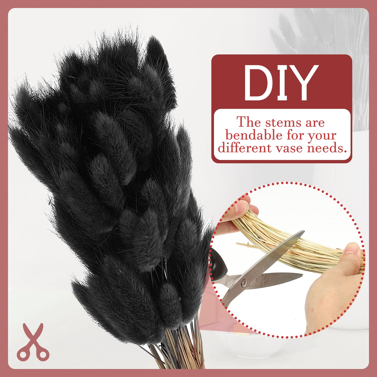 Uxcell 15.7in Bunny Tails Dried Flowers, 150pcs Pampas Grass Decor Rabbit Tail Natural Pampas Grass Bulk Fluffy Faux Pampas Grass Small Dried, Black