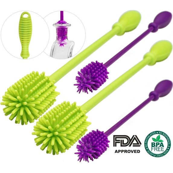A-BRUSH 4 pcs set Silicone Bottle Brushes BPA Free - Bottle Washer FDA Approved - Long Handle Antibacterial Baby Bottle & Nipple Brush Ideal for Glass & Plastic Water Bottles (Green X2/Purple X2)