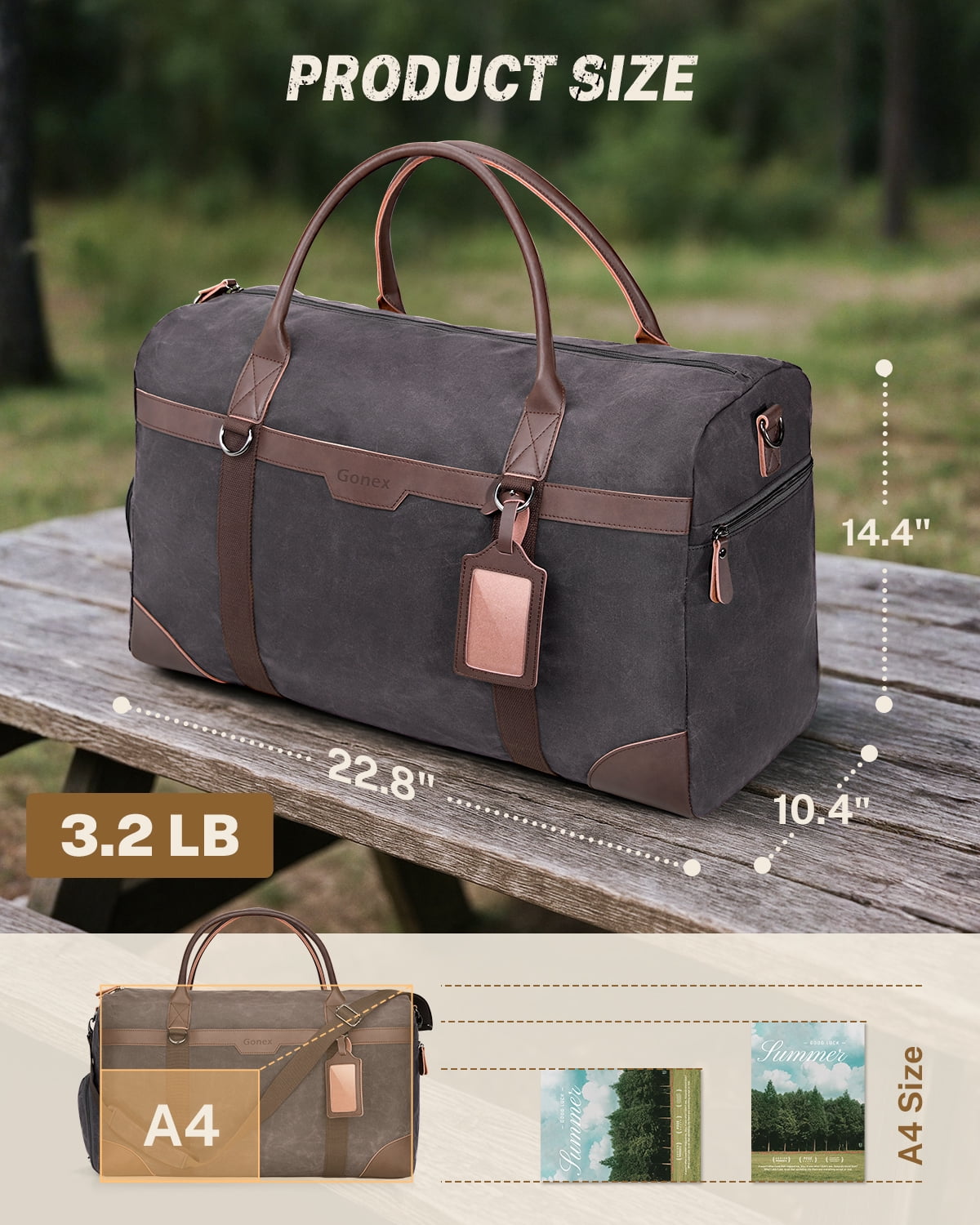 Gonex Waxed Canvas Duffle Bag, 55L Water-Resistant Travel Duffel, Vintage Overnight Weekender Bag with Shoes Compartment for Men & Women