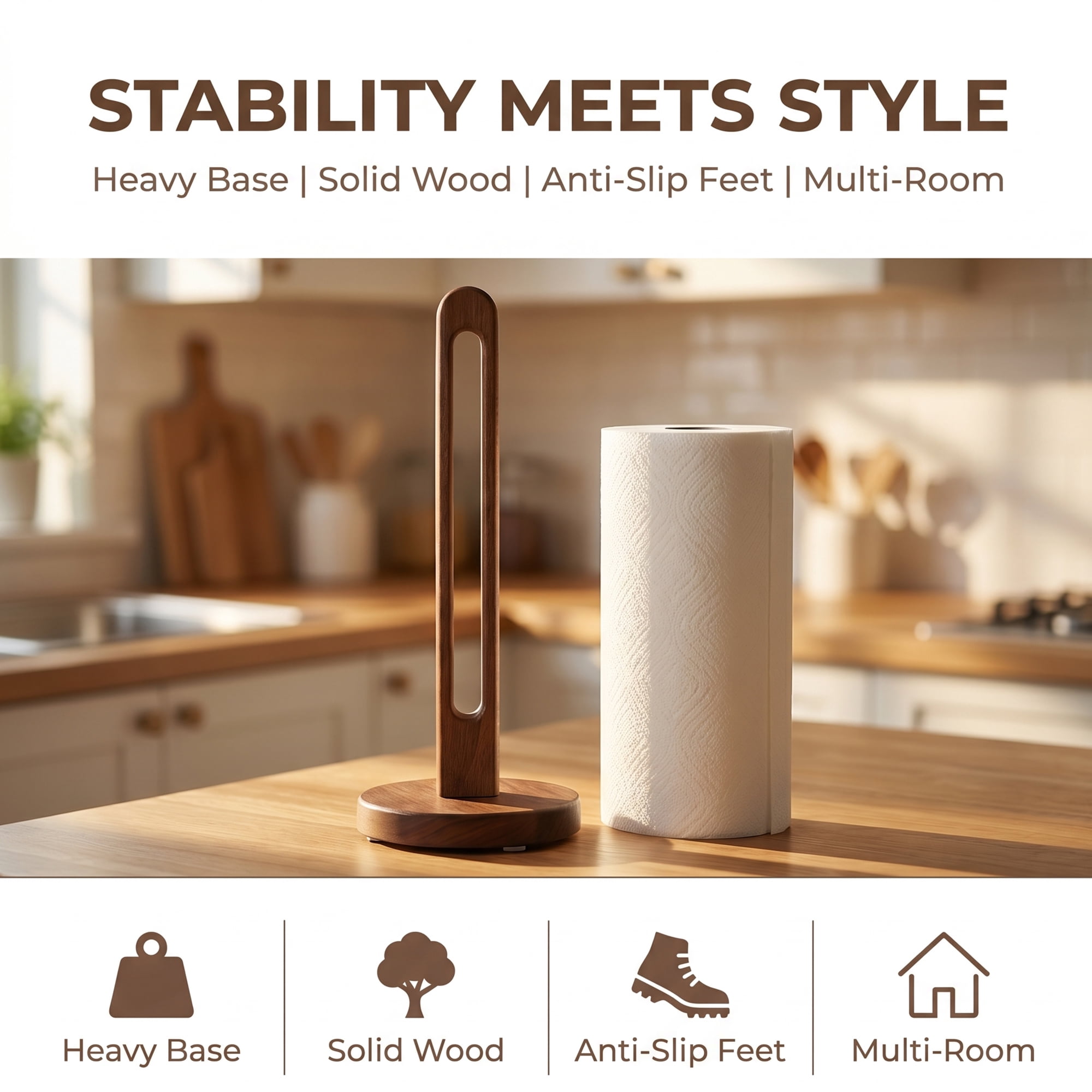 Unique Bargains Paper Towel Holder Countertop Modern Base Wood Dark brown 11.4x5.1inch