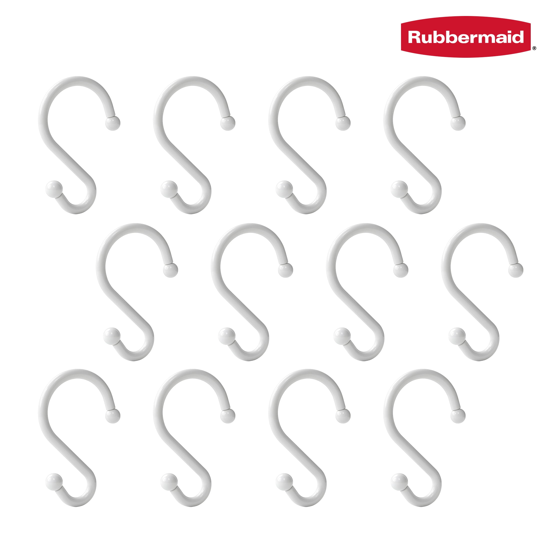 Rubbermaid White Plastic S-Shape Shower Curtain Hooks, 12 Count
