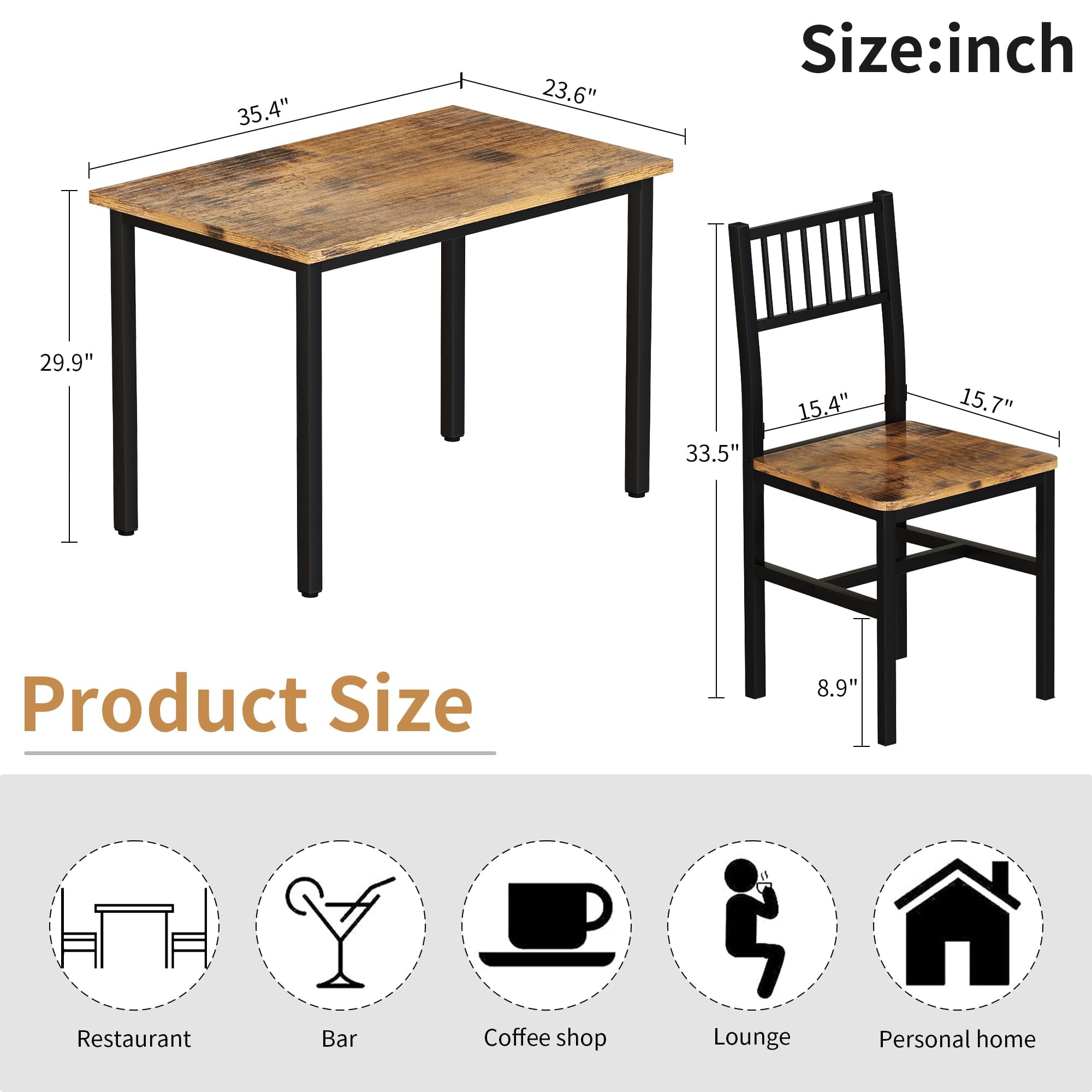 Lamerge 3 Piece Dining Table Set, Industrial Kitchen Table and 2 Chairs with Metal Frame, Dining Room Table Set, Breakfast Table Set for Small Space, Dining Room, Kitchen, Rustic Brown
