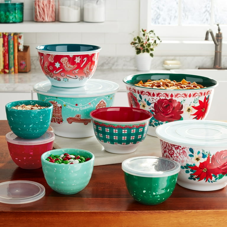 The Pioneer Woman Melamine Mixing Bowl Set with Lids, 18 Piece Set, Sweet Rose, Size: XL Bowl: Dia 10 5/8 inch x 6 H inch (with Lid)Large Bowl: Dia 9
