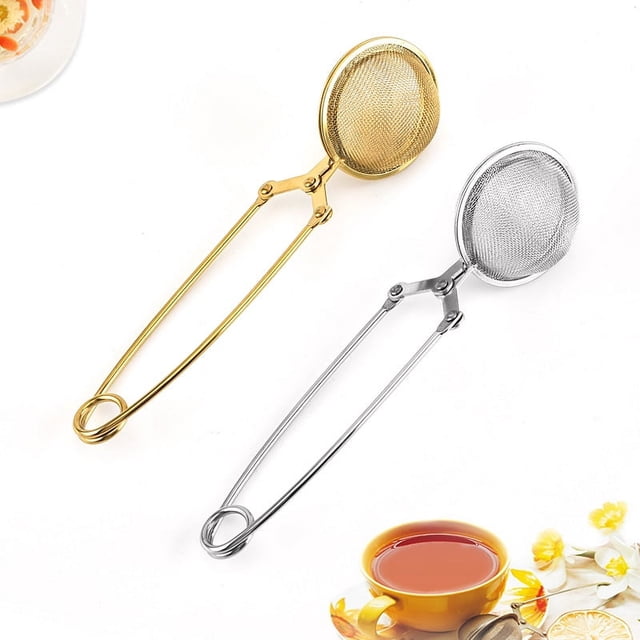 Paquete de 2 bolas de colador de malla para infusor de té de hojas sueltas de acero inoxidable con mango (oro + plata)