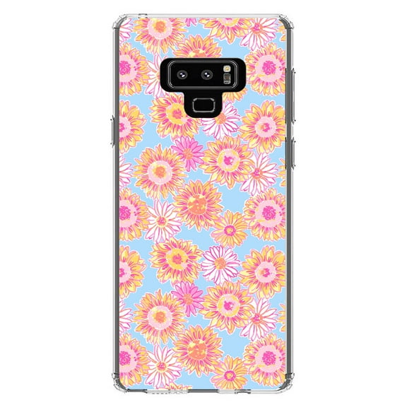 DistinctInk Clear Shockproof Hybrid Case for Samsung Galaxy Note 9 - TPU Bumper, Acrylic Back, Tempered Glass Screen Protector - Preppy Pattern - Blue Pink Yellow Flowers Floral