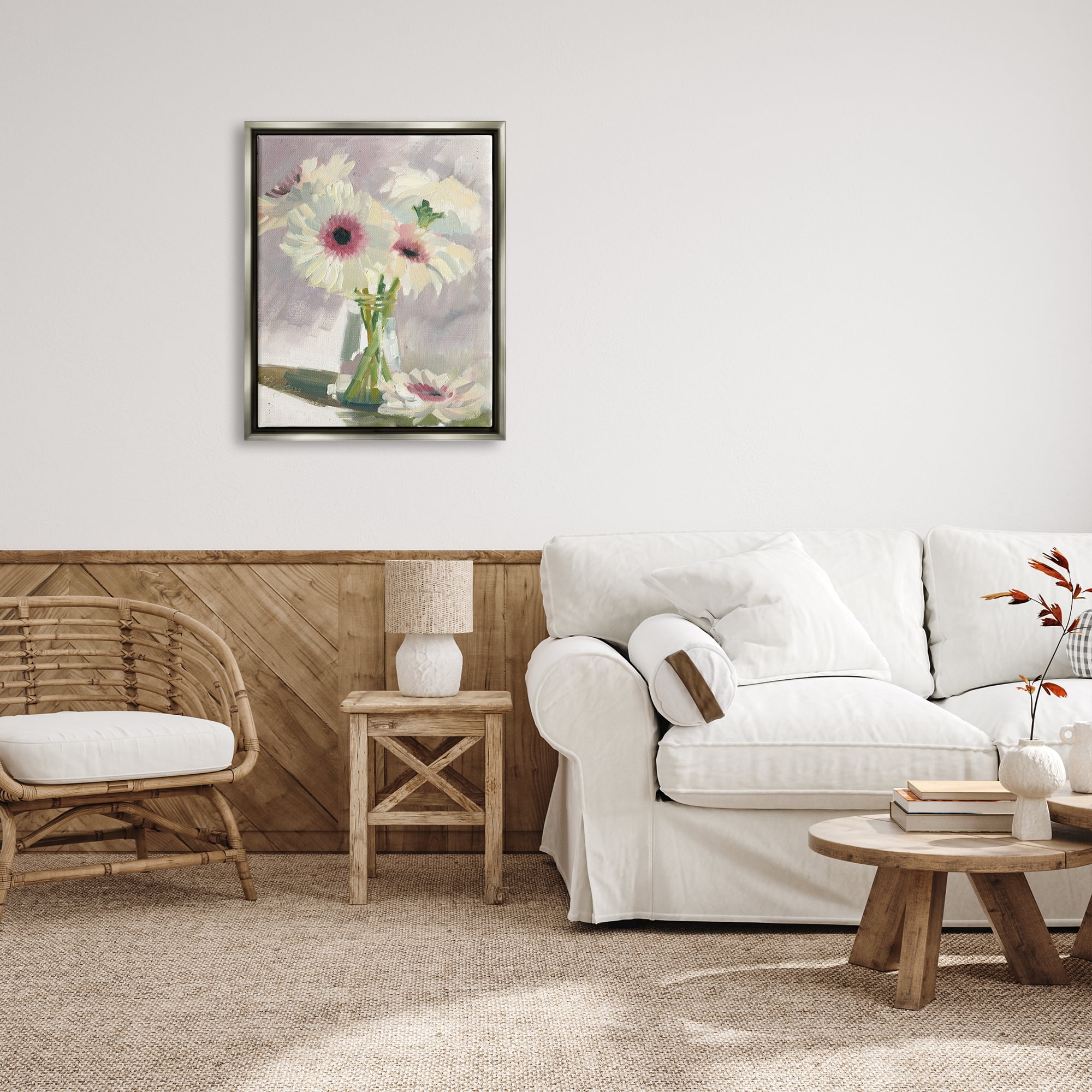 Stupell Industries White Mums Painting Botanical & Floral Painting Gray Floater Framed Canvas Art Print Wall Art, 25 x 31