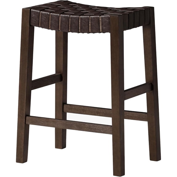 Maven Lane Emerson Counter Stool – 26 Inch – Rectangular Stool with Footrest – Brown Solid Wood & Brown Woven Leather Seat – Perfect for Kitchen Counters & Islands