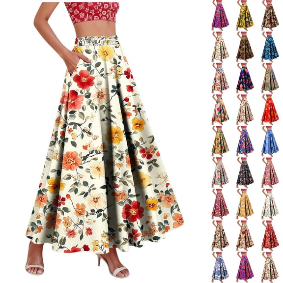 Juesizh Maxi Skirts for Women Plus Size Floral Print Boho Long Skirt Elegant Casual Pockets High Waist Ruffle Skirts, S-3XL