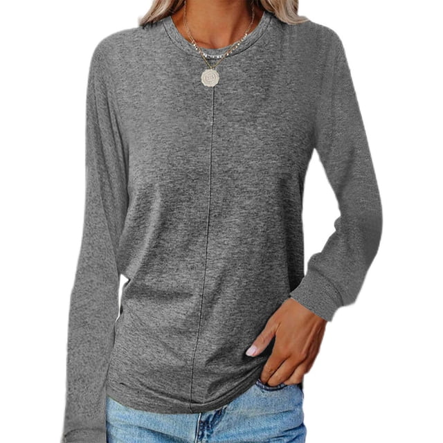 MAWCLOS T-shirt pour Femmes Col Rond T-shirt Manches Longues Tee Décontracté Travail Tunique Unie Blouse Gris Foncé m