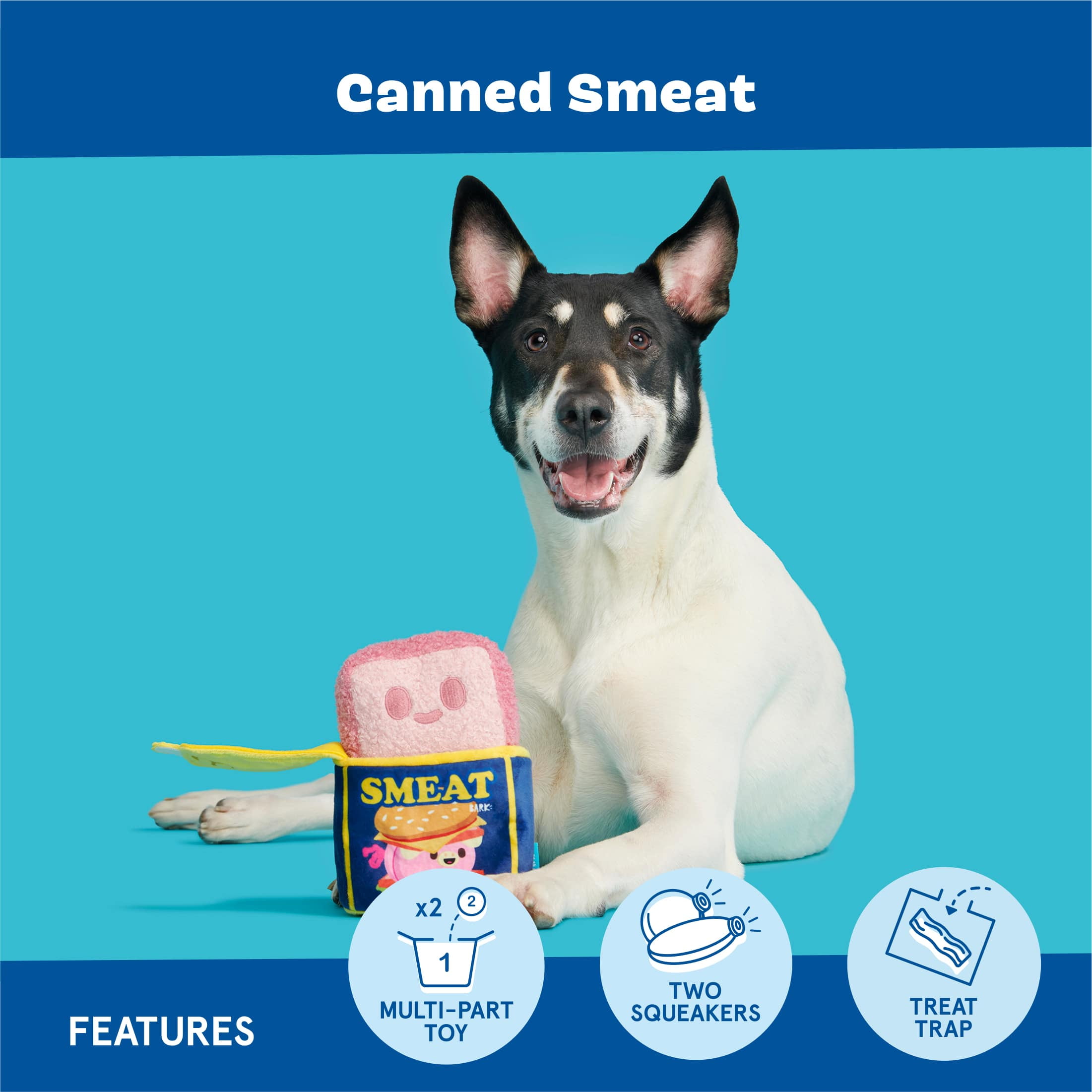 BARK Canned Smeat Canned Ham Meat Plush Pink, Blue, and Yellow Dog Toy, for Extra Small to Small Dogs