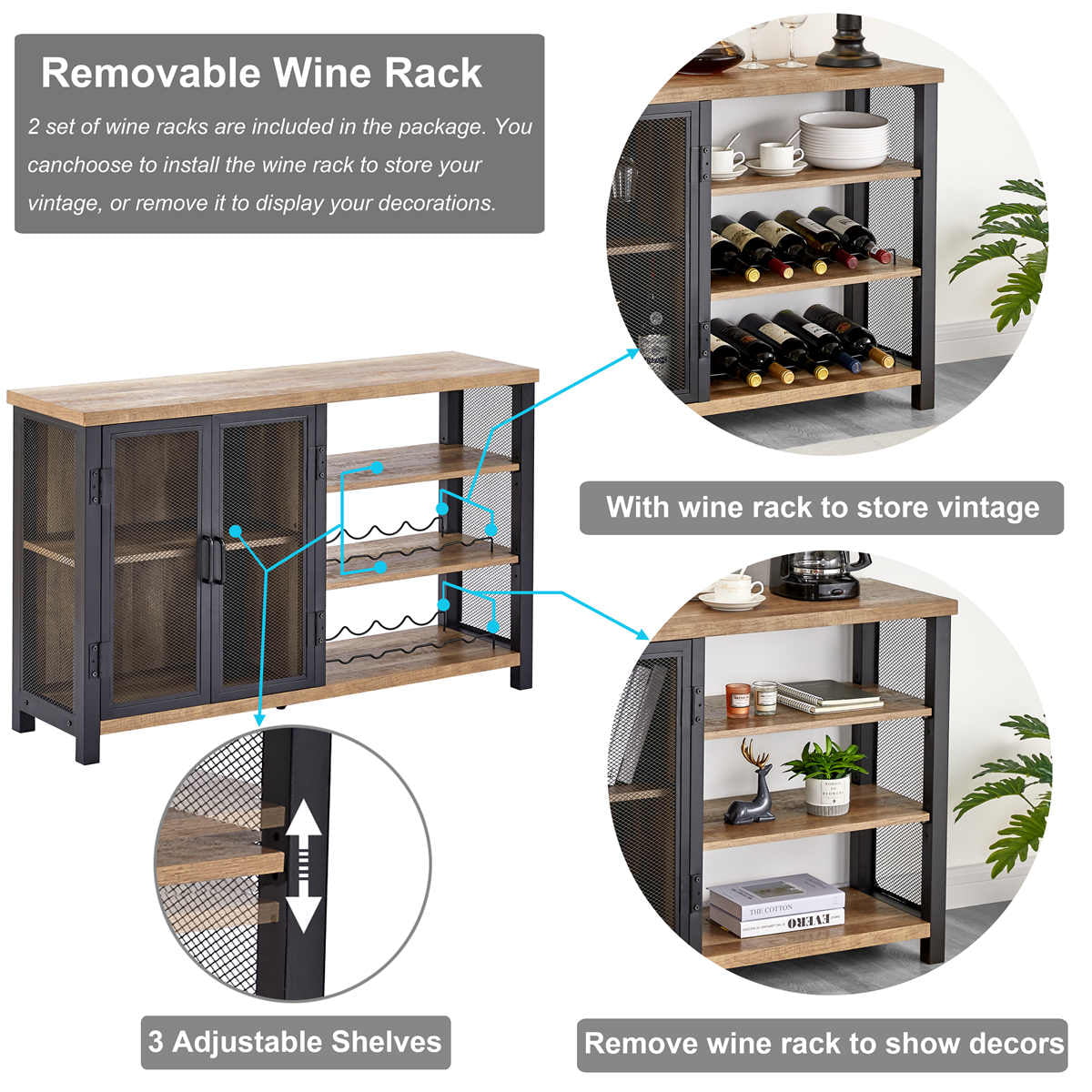 Two Tone Bleached Oak Wine Cabinet and Grey Door Storage 8 Wine Glass Rack 
