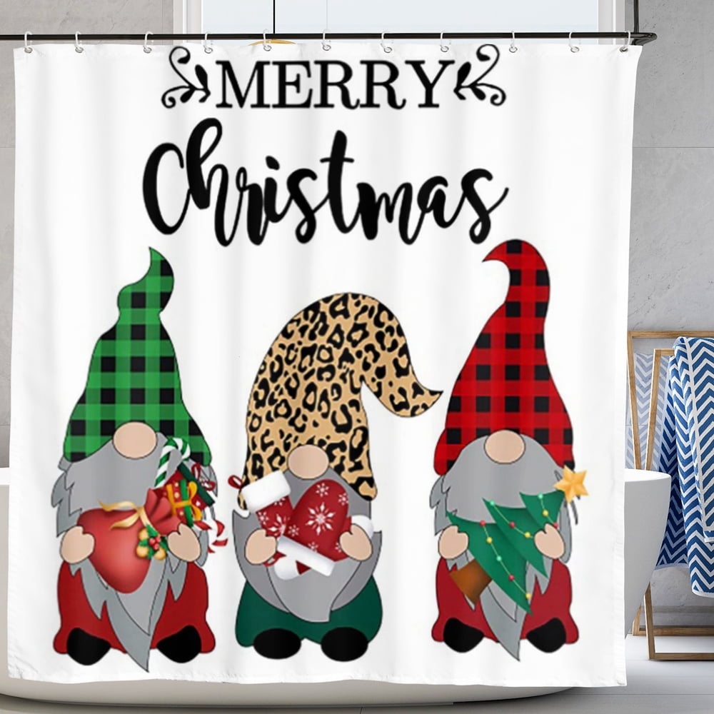 Cute Gnome Shower Curtain Farmhouse Buffalo Plaid Holiday Tree Bathroom