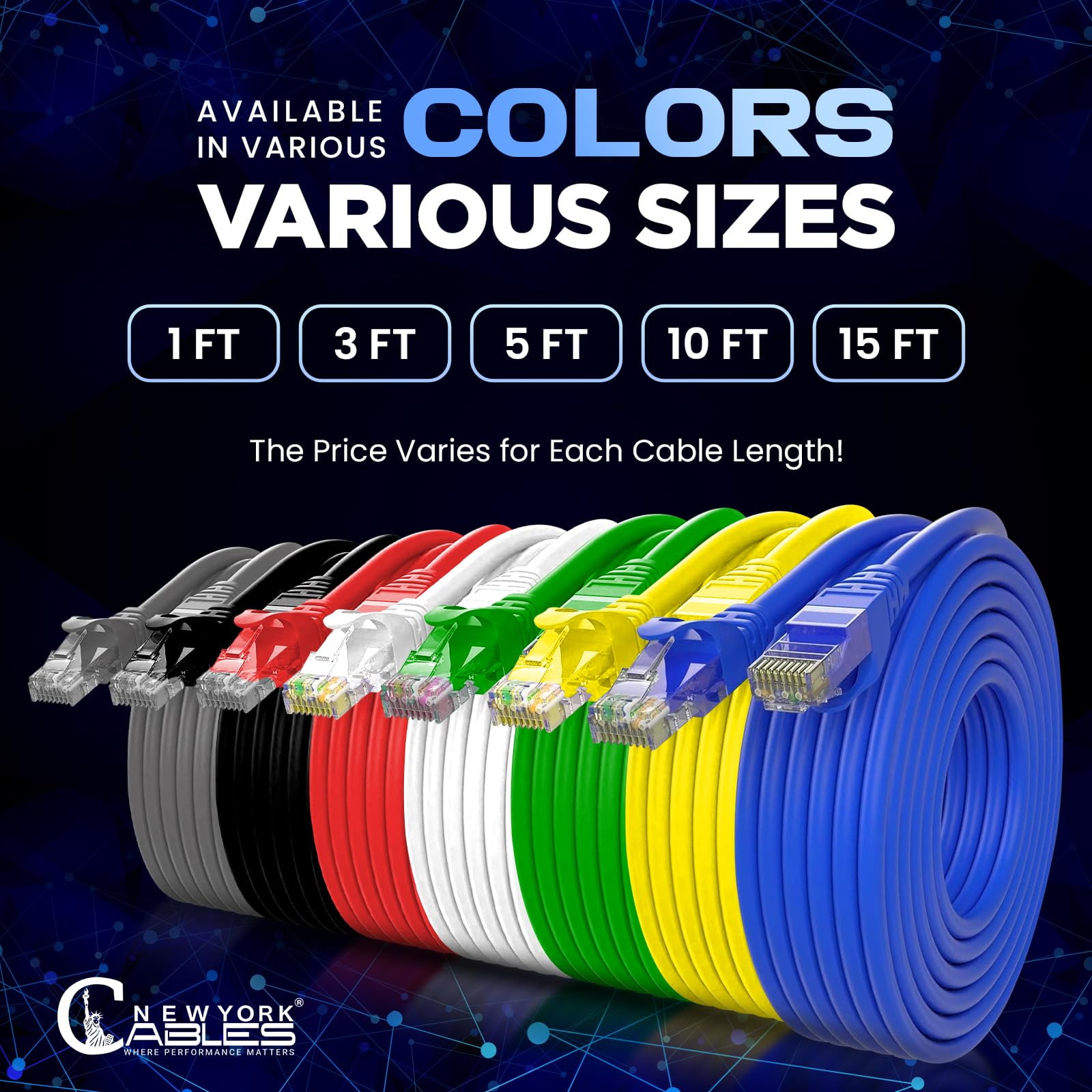 NewYork Cables CAT6 Ethernet Patch Cable, RJ45 Pure Copper LAN Network Cord, 10-Pack White 10ft