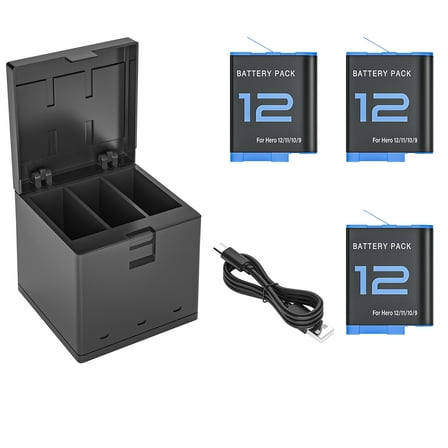 Replacement 3-Pack Hero 12 Battery for Gopro Hero 12 / Hero 11 / Hero 10 / Hero 9 Black Camera Battery ADDBD-211 CHDHX-121-CN, 3-Channel USB Battery Charger for Go Pro 12 11 10 9 Batteries