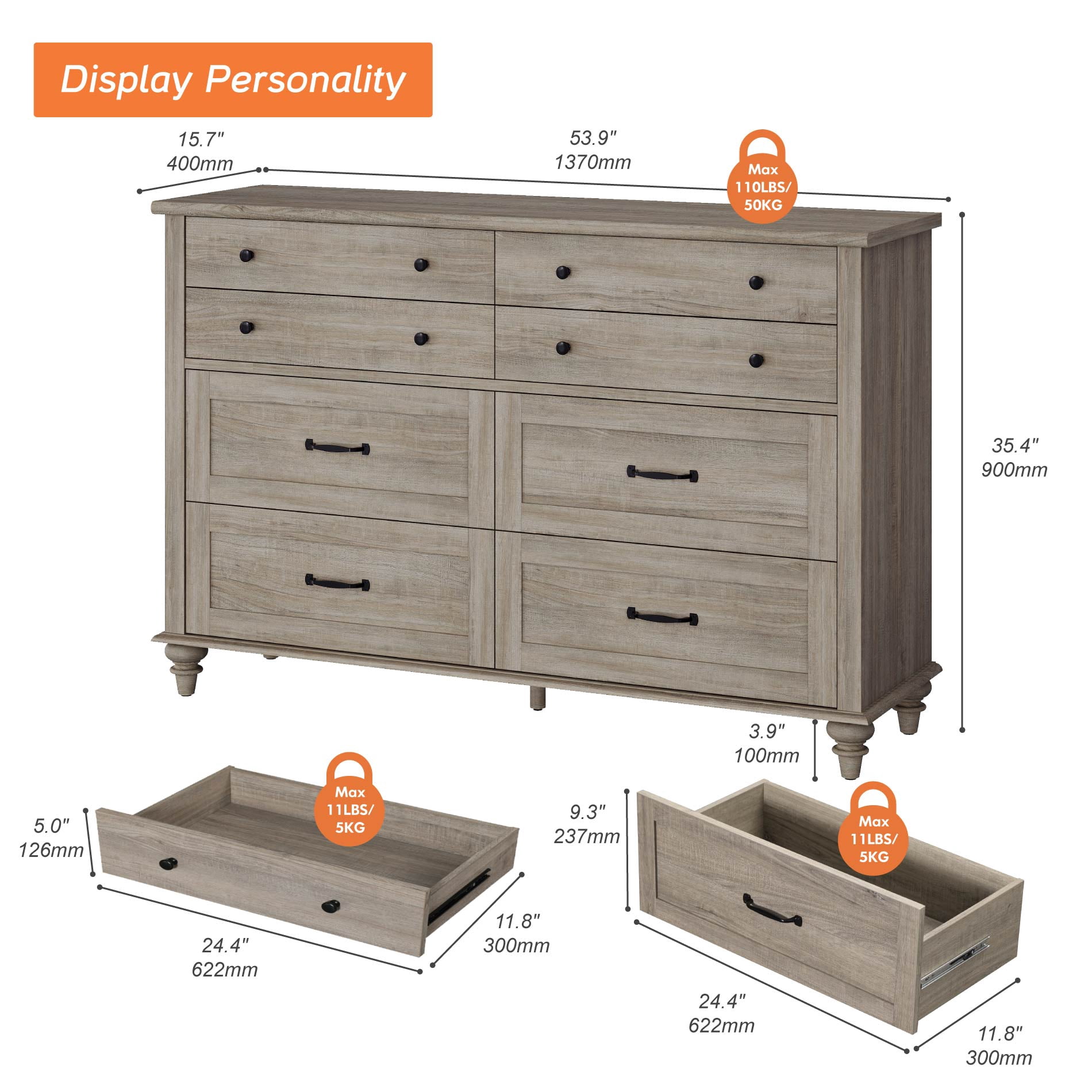 Mid Century Dresser with 8 Drawers, Wooden Kids Dresser for Kids Room Living Room, Grey