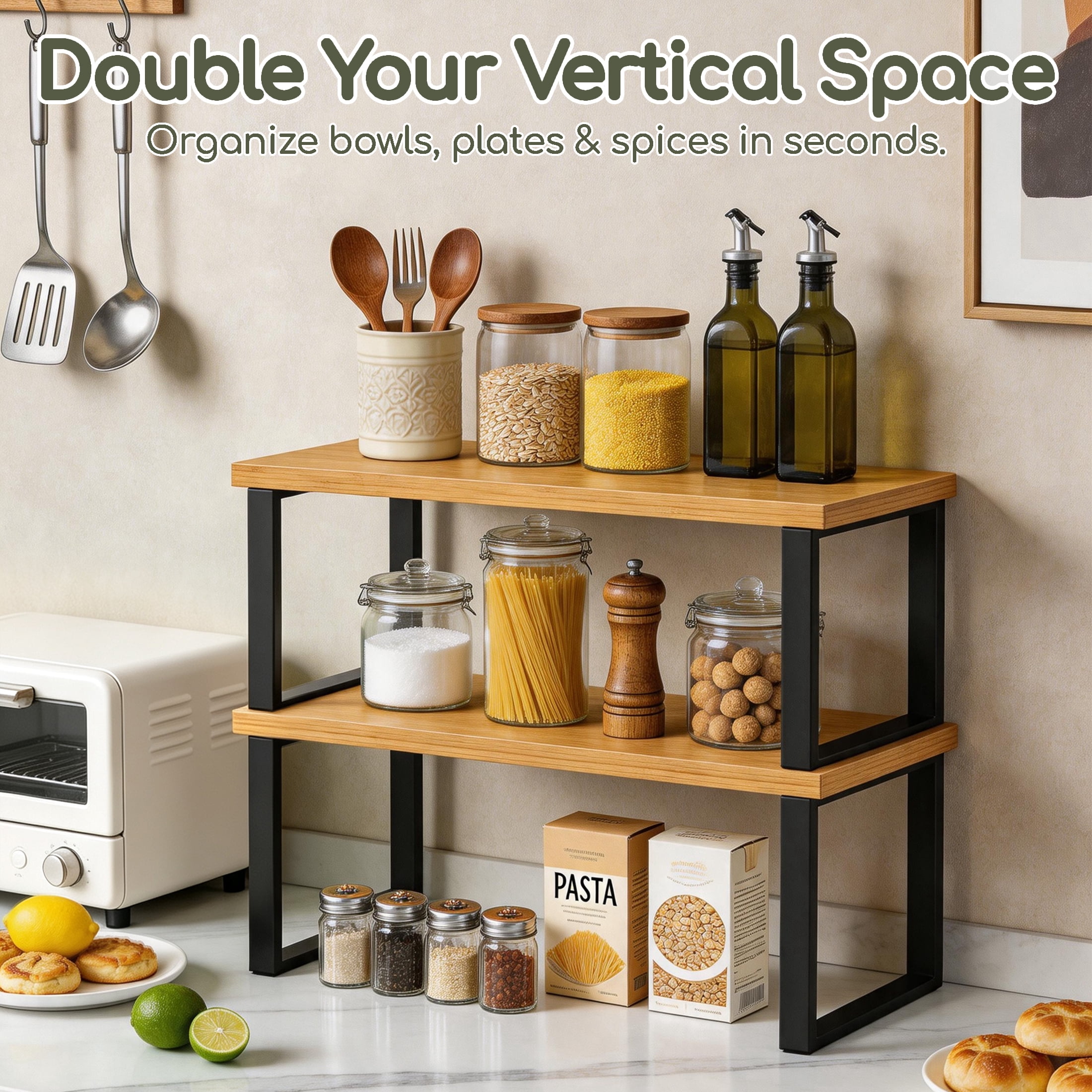2 Pack Cabinet Organizer Shelf, Stackable Wooded Countertop Storage Rack, Expandable Kitchen Counter Shelf for Plates, Bowls, Spices