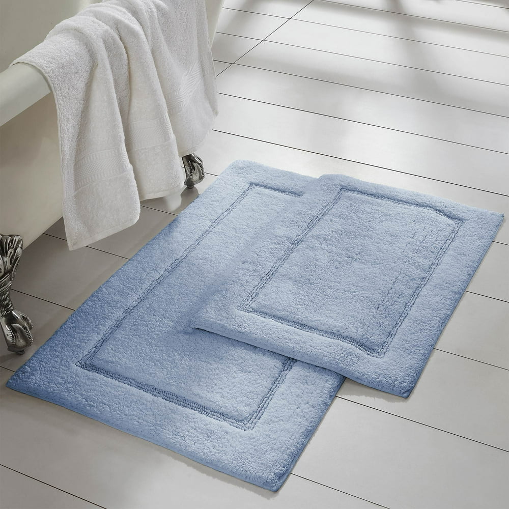 2 Piece NonSlip Cotton Bath Rug Set, 17" x 24" & 21" x 34", Light Blue