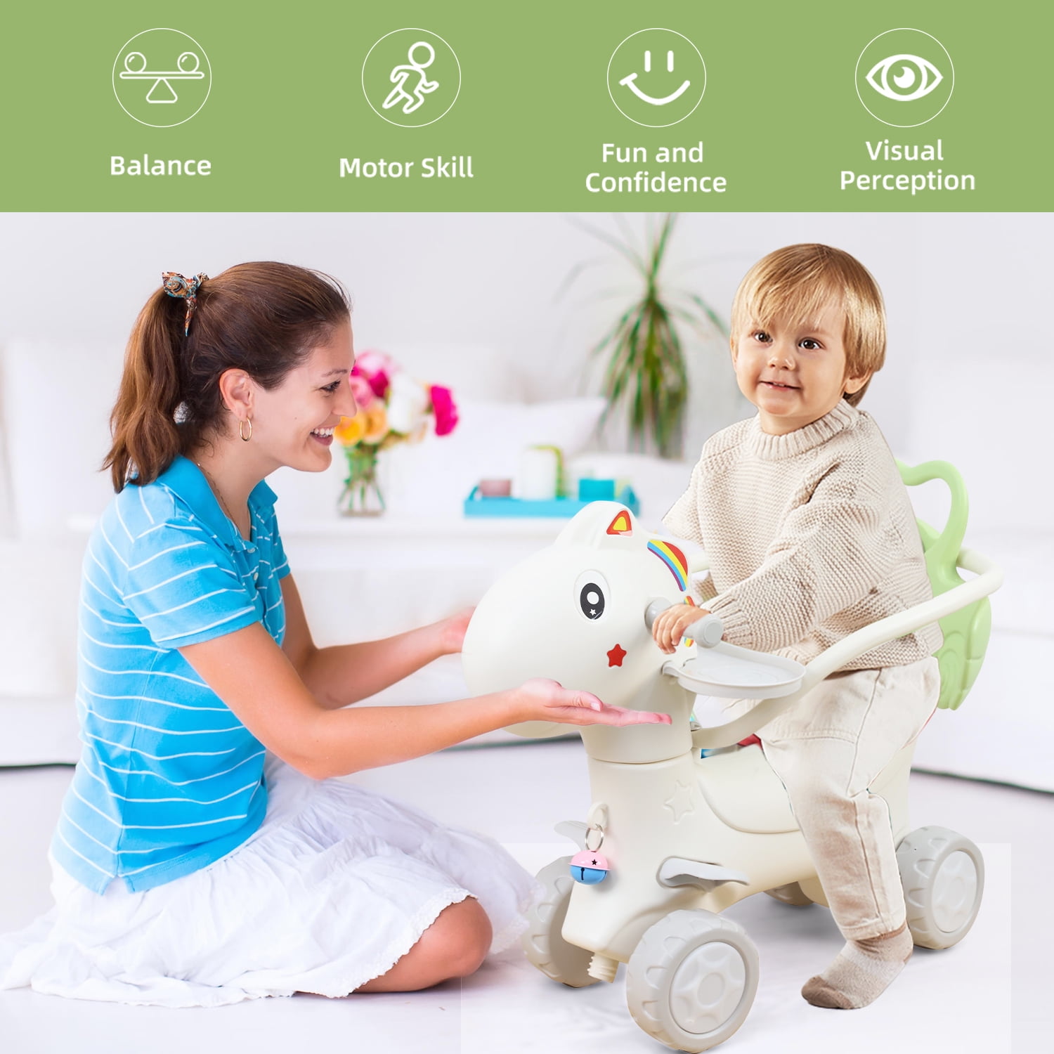 حصان هزاز 4 في 1 من Wdmiya، مناسب للأعمار من 1 إلى 3 سنوات، لعبة هزازة للأطفال الصغار، هدية عيد ميلاد للأطفال من عمر 1 إلى 3 سنوات، دراجة توازن مع مقبض دفع ومسند ظهر ولوح توازن للأطفال البنات والأولاد، لون أخضر