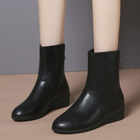 

ERTUTUYI Fashion Women Artificial Leather Solid Color Autumn Thick Sole Wedges Zipper Mid Booties Round Toe Shoes Black 40