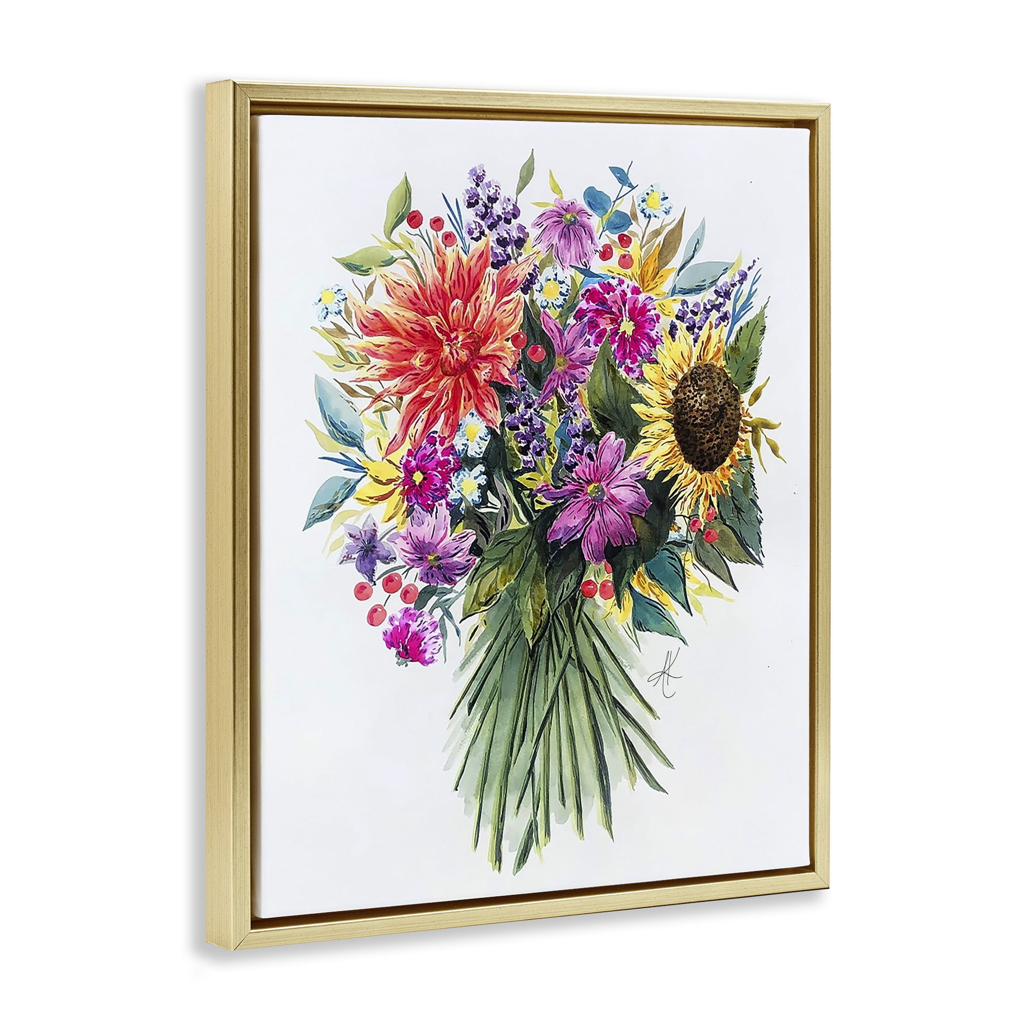 Stupell Industries Bright Wildflower Bouquet Botanical & Floral Painting Gold Floater Framed Art Print Wall Art, 17 x 21