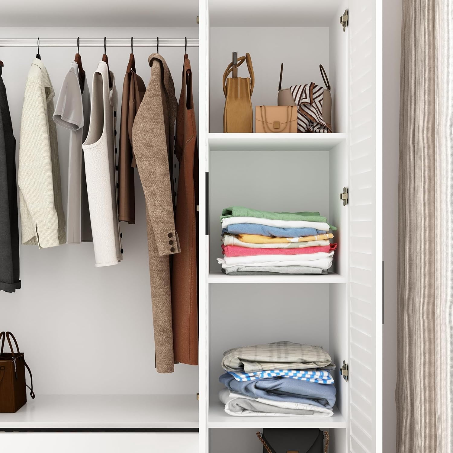 ANPOO Large 3 Doors Armoire Wardrobe Closet with LED Lights & Hanging Rods,70.9" White Louver Door Wardrobe Armoire with 3 Drawers,LED Large Armoire Storage with Multi-Layer Shelves