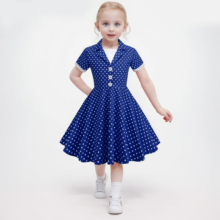 Fall Dresses Kids Notch Lapel 50s Dress for Girls Vintage Retro 1950s Polka Dot Dress for Girls 50 s Audrey Hepburn Rockabilly Swing Dress Flower Girl Dress Color Navy Size 9 10 Years Walmart