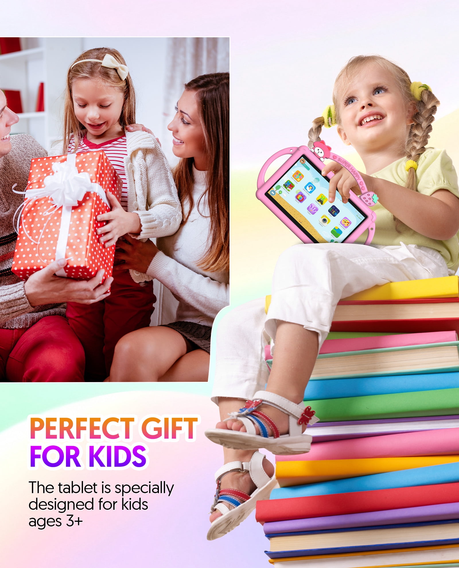 Kids Tablet, 7 inch Android 13 Tablet, Quad Core CPU, 4GB(2G+2G)RAM+32GB ROM, 1024 x 600 IPS, WiFi, Bluetooth（Pink）