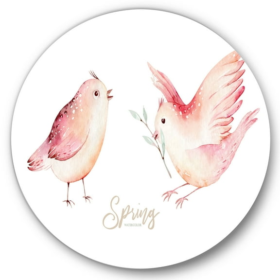 Designart 'Spring Bird With Green Leaves On White' Traditional Circle Metal Wall Art 36x36 - Disc of 36