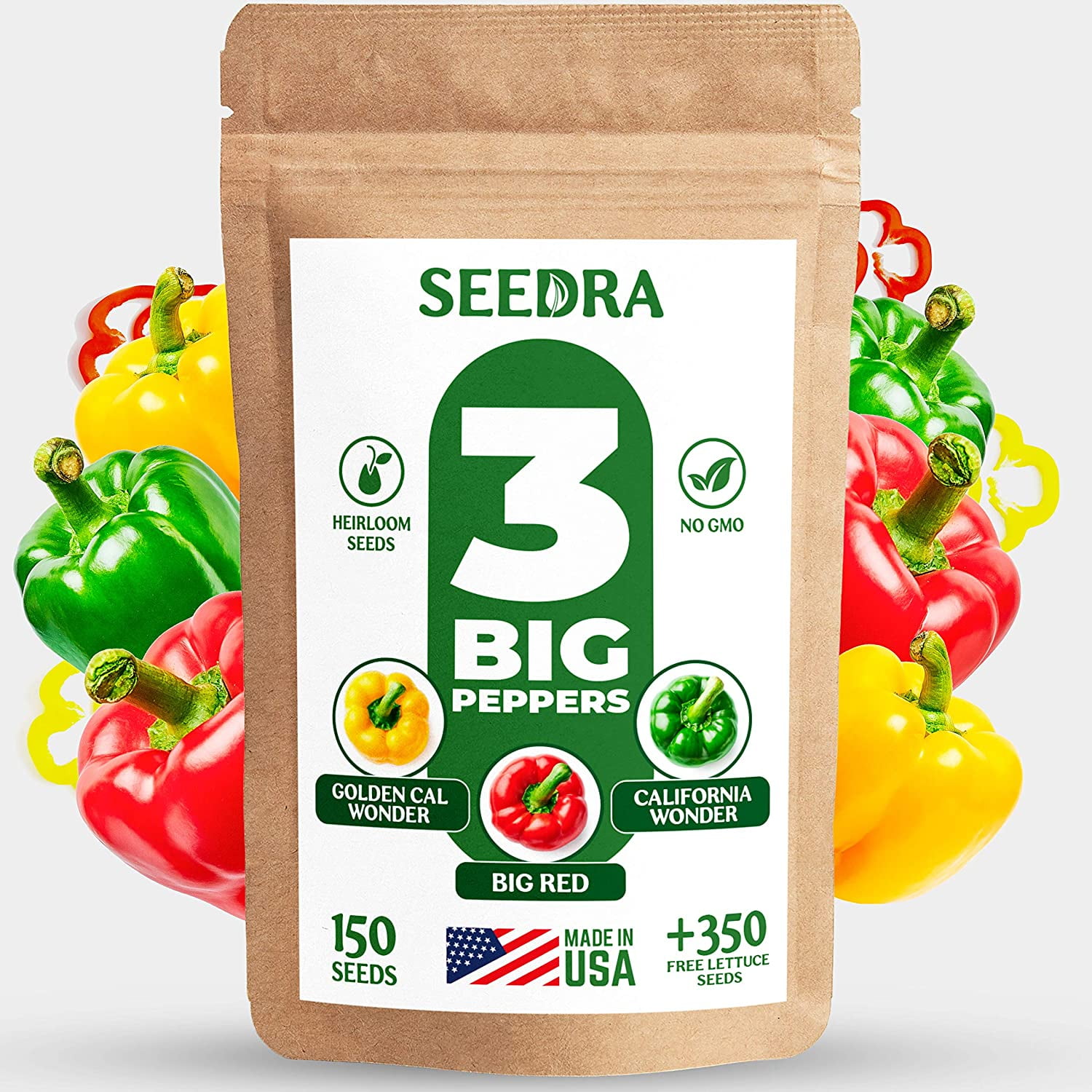 SEEDRA.US 3 Bell Peppers - 150 Seeds of California Wonder, Golden Cal Wonder, Big Red Bell Pepper for Planting - Variety Pack of Red, Yellow and Green Peppers and Free 350+ Lettuce Buttercrunch Seeds