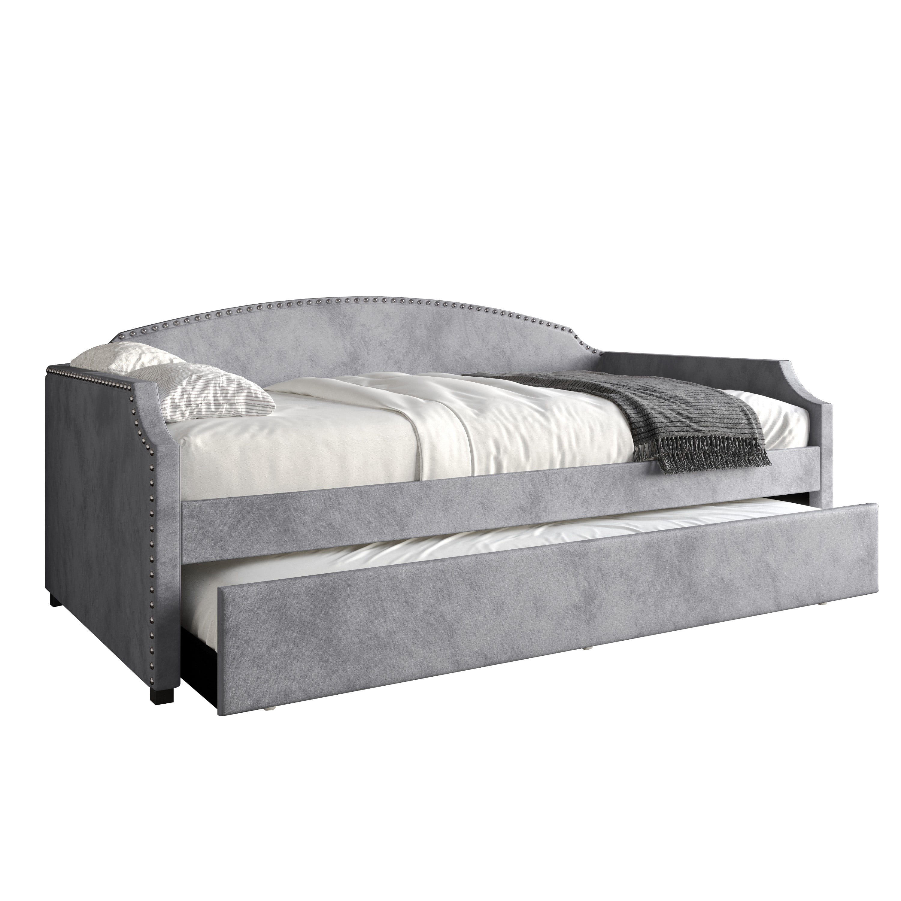 Home Design Kilgore Twin Daybed, Gray Velvet, Scooped Backrest, Chrome Nailhead Trim, Foam Padding, Pull-Out Trundle for Stylish Seating & Sleeping