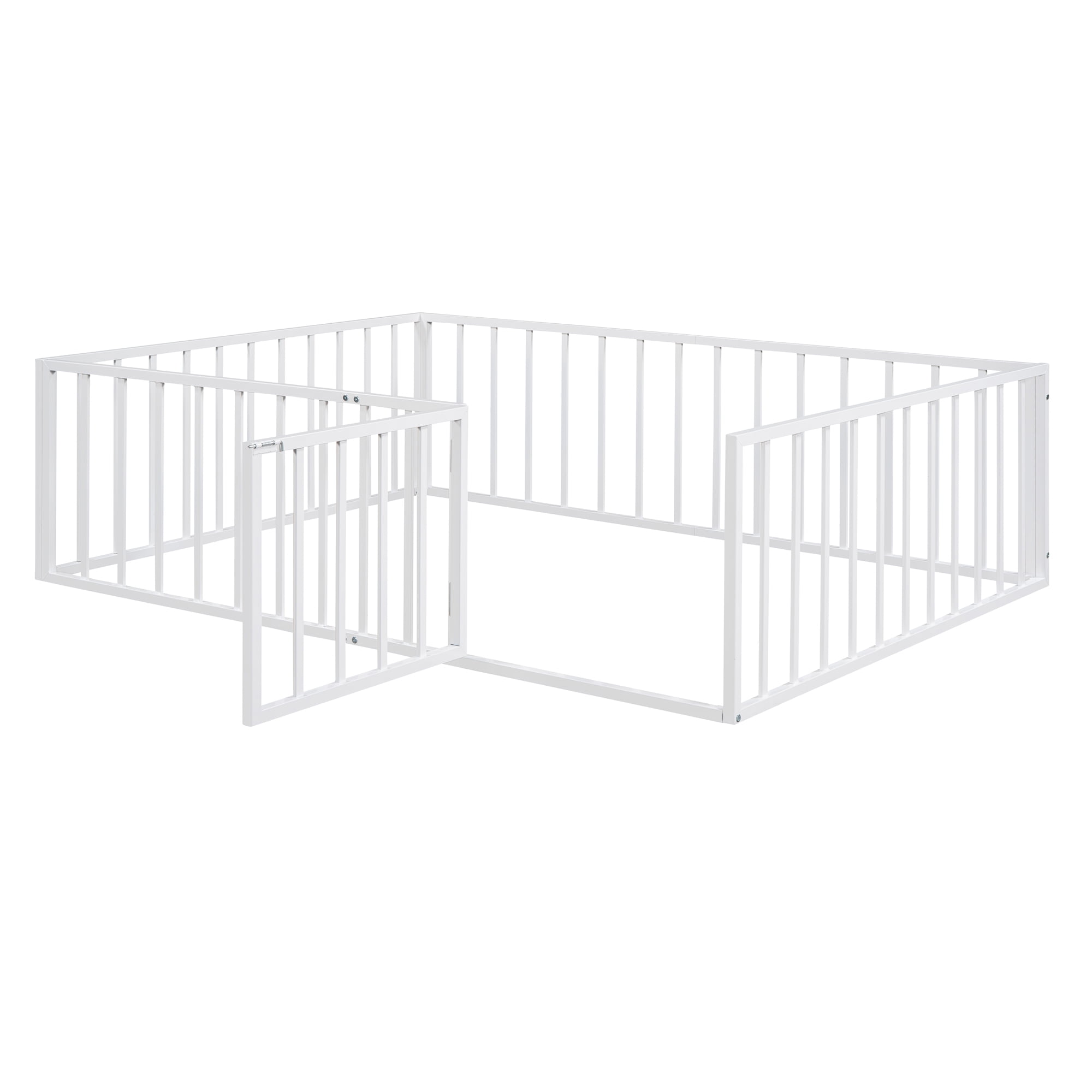 Harper & Bright Designs Full Floor Bed Frame for Kids, Metal Montessori Floor Bed with Rails and Door, Floor Full Size Bed Frame with Fence-Shaped Guardrails, White