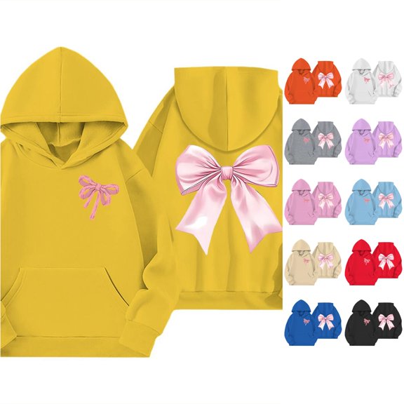Girls Bow Print Hoodie Long Sleeve Fleece Jacket Casual Pullover With Pocket