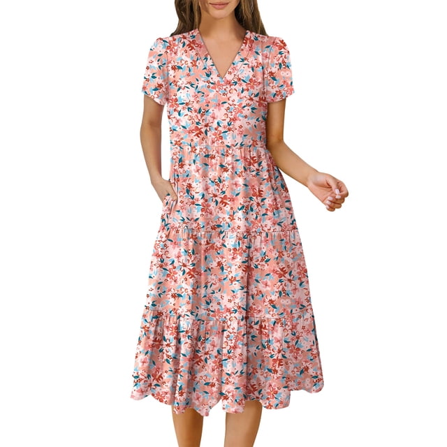 Vestido ANRABESS, casual, de verano, manga corta, cuello en V, midi para mujer