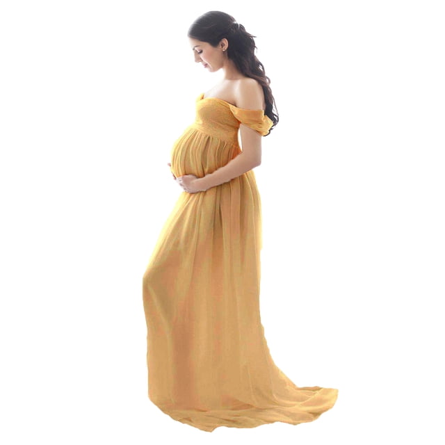 becaristey Robe de Maternité pour Photographie, Épaules Dénudées, Robe Longue en Mousseline, devant, Grossesse, Longues Robes, Femmes, Accessoire de Séance Photo, Prise de Vue, Jaune, m