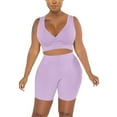 thumbnail image 3 of Hueook Sweat Suits For Womens 2 Piece Women's Fashion Two-piece Solid Color V-Neck Tank And Short Sports Casual Suit Purple M, 3 of 7