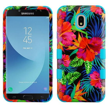 Samsung Galaxy J7 (2018), J737, J7 V 2nd Gen, J7 Refine Phone Case Tuff Hybrid Shockproof Impact Rubber Dual Layer Hard Soft Protective Hard Case Cover Electric Hibiscus Phone