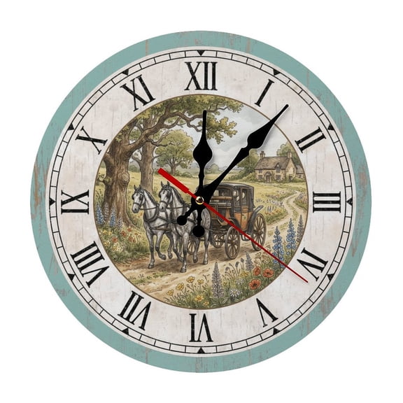 Horse Carriage Country Farmhouse Style Round Wood Wall Clock, Noiseless Design for Cafe & Classroom Decor