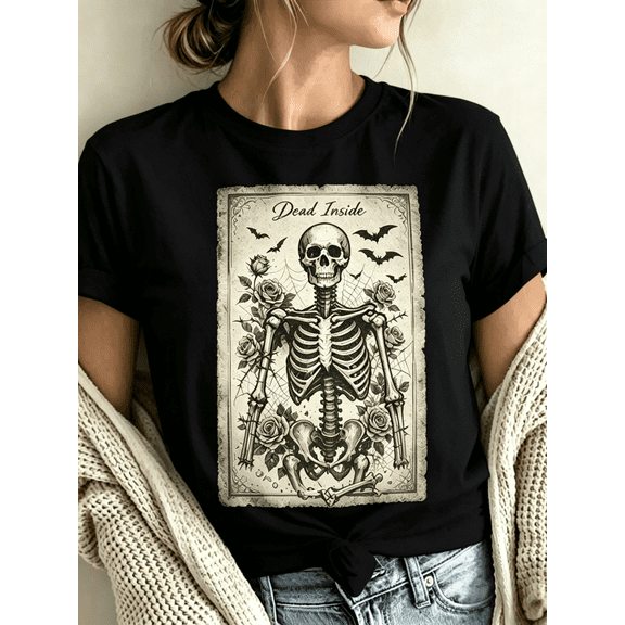 Women Soft Crew Neck Short Sleeve Cotton T-Shirt, Vintage Distressed Frame Dead Inside Skeleton Rose Bat Spider Web Gothic Graphic Relaxed Fit Daily Tee