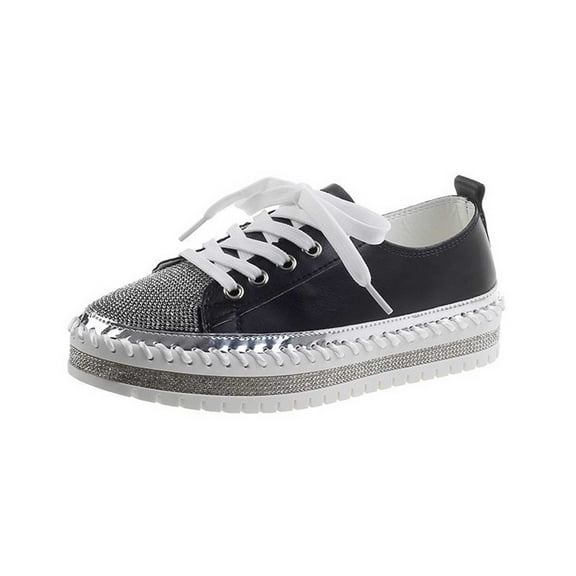 hopeusnice Women's Rhinestone Sneakers Lace Up Canvas Shoes Comfortable Breathable Low Top Walking Shoes Fashion Bling Glitter Shoes Black 40