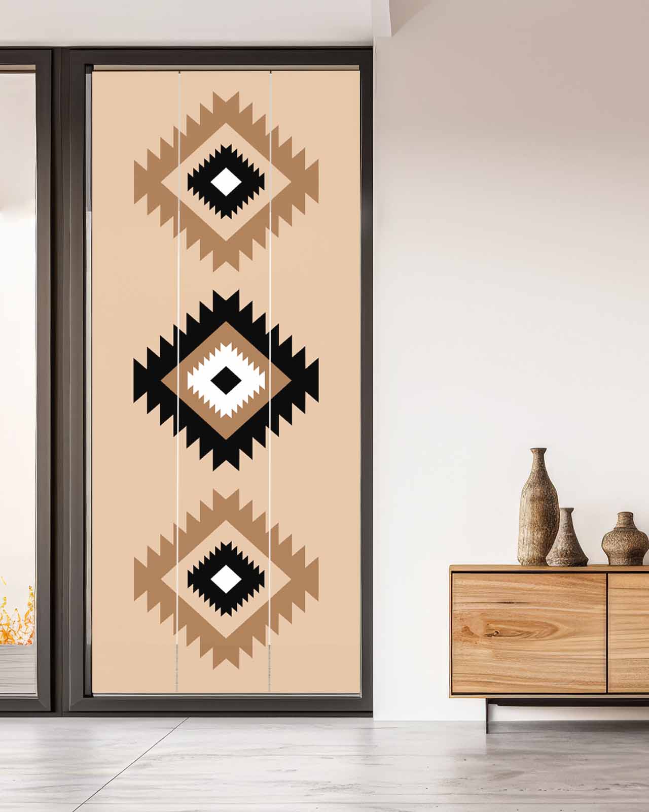 Window Privacy Film, Black Brown Boho Aztec UV Sun Blocking Window Tint Film Heat Control One Way Blackout Window Film, Morocco Mexican Geometric Bohemian Non Adhesive Static Cling 35.4x78.7 In