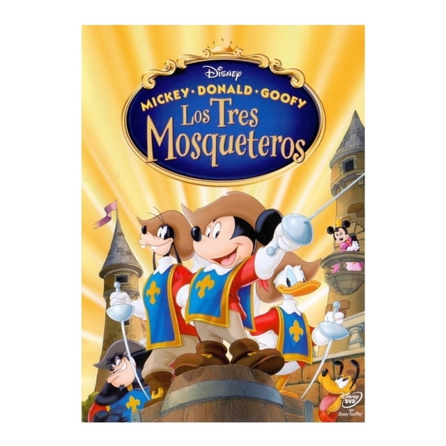 mickey donald goofy los tres mosqueteros pelicula dvd Disney Pixar portada con Mickey, Donald y Goofy vestidos como mosqueteros en primer plano con espadas alzadas frente a torres, logotipo "Los Tres Mosqueteros" sobre fondo dorado radial; DVD infantil con sello de disco visible.