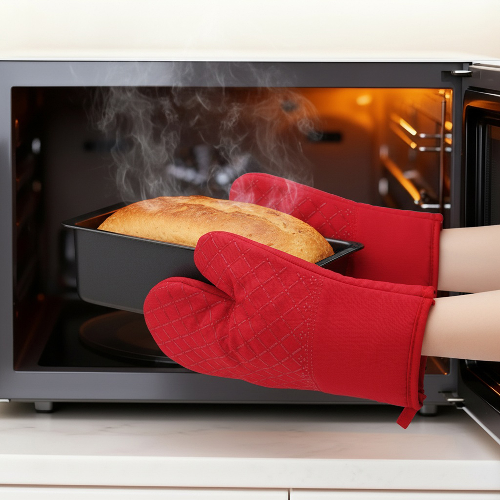 Unique Bargains Silicone Cotton Heat-Resistant 2 Pcs Kitchen Mitts Red 11.8x6.7inch