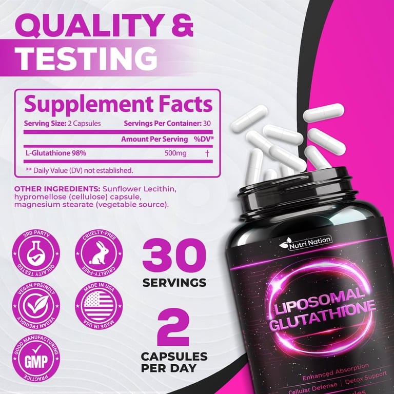 500mg glutathione per day Nutri Nation Liposomal Glutathione Supplement Capsules 500mg, 180 count,  Enhanced Absorption, Detox, Immunity, Anti-Aging Support, 3 Bottles