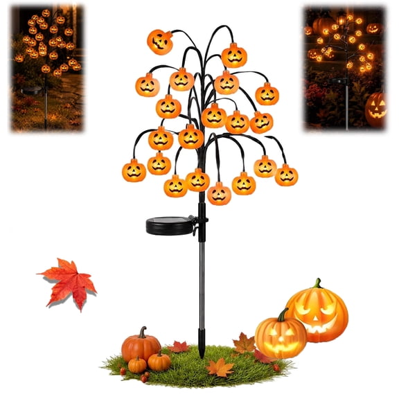 Pumpkin Solar Branch Lights, 20 LED Lights Fall Twinkling Pumpkin Solar Lights Outdoor Decorative, Halloween Pumpkin Tree Solar Stake Light, Waterproof for Yard Garden Patio Porch 1PC