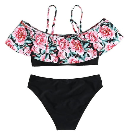 KAUOD Kids Swimsuits Girls 2 Piece Bikini Set Floral Print Tankini with Spaghetti Strap Beach Swimming Suit Summer Swimwear